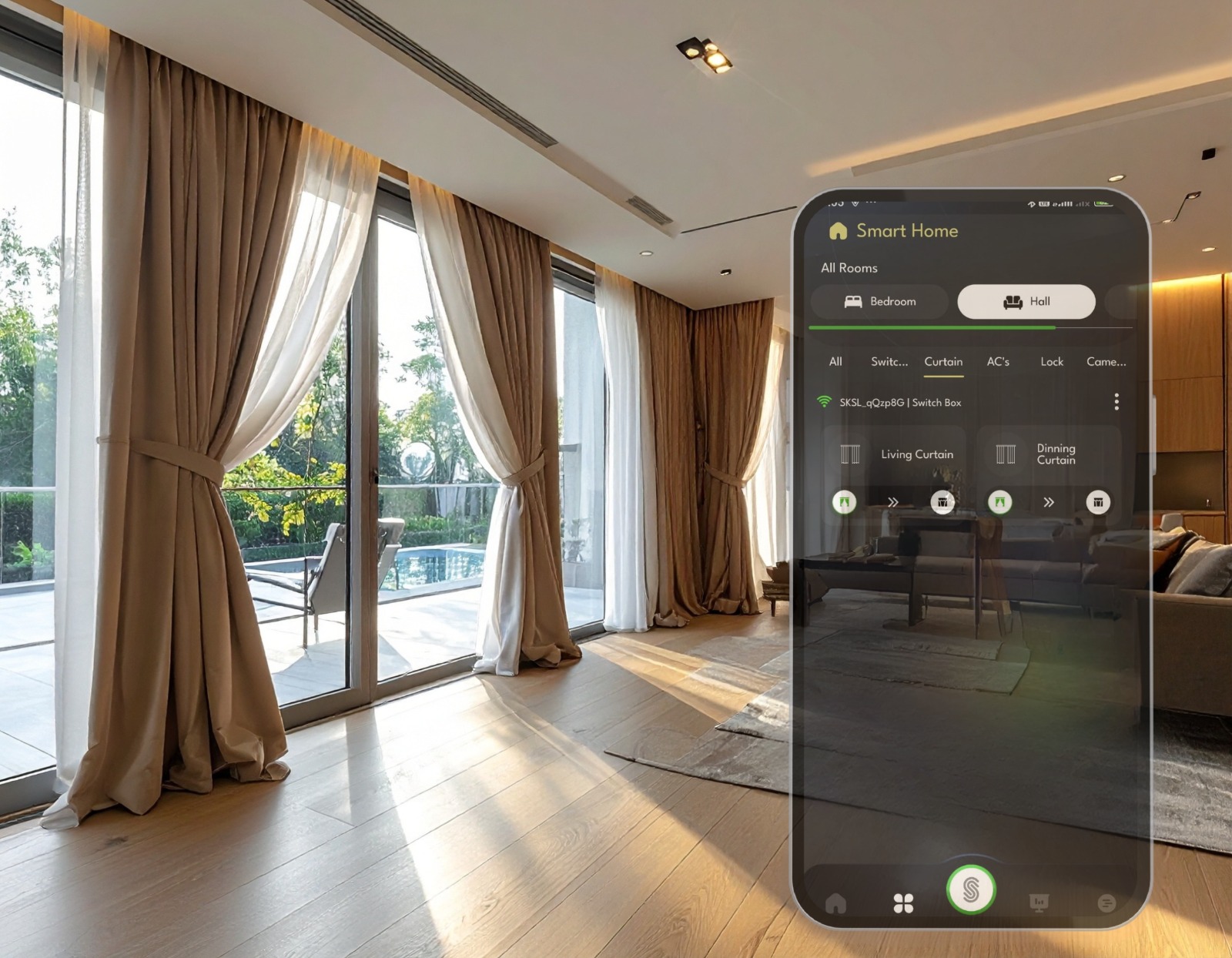 Hand holding a phone controlling Skroman smart curtains